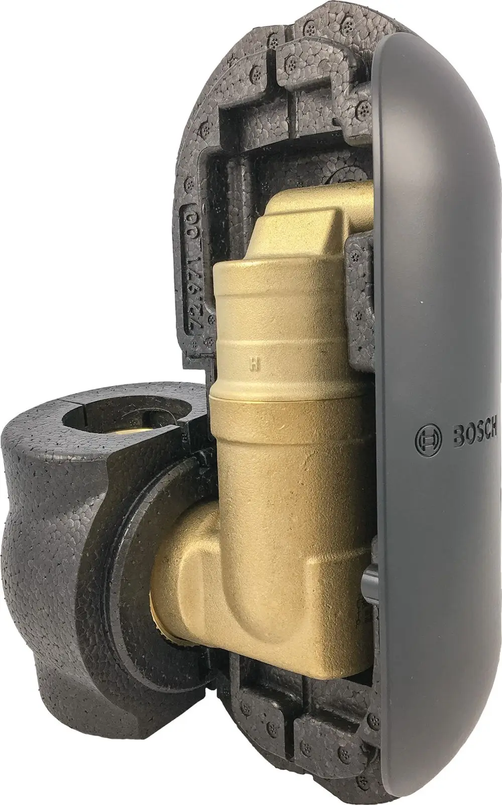 Luftabscheider mit Isolierung, in Halbsicht dargestellt. Die zentrale goldene Komponente ist von schwarzem Isoliermaterial umgeben. Produkt zeigt das Bosch-Logo.